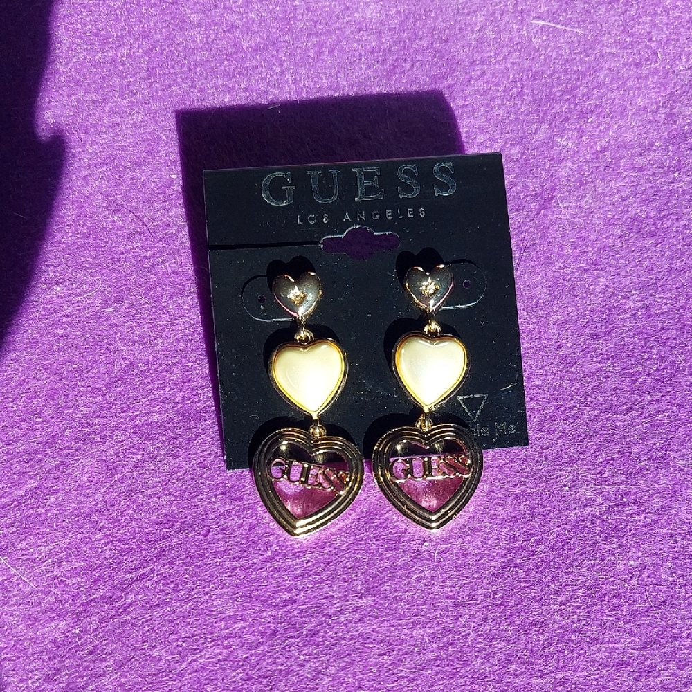 GUESS Gold and Pink Heart Earrings